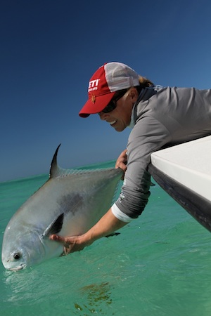 Loren Rea, an accomplished and talented angler as well as tournament director, releases a permit off the Lower Keys. 